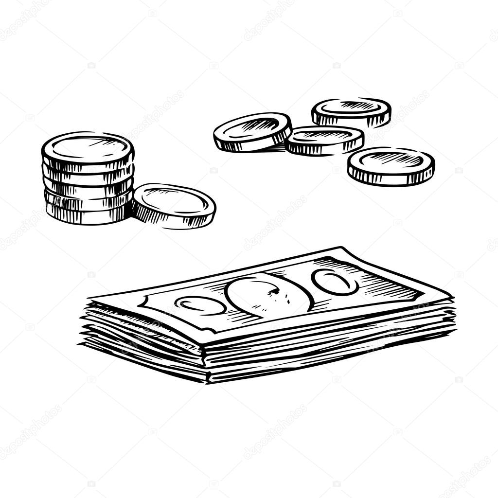 1024x1024 Coins And Stacks Of Dollar Bills Sketches Stock Vector
