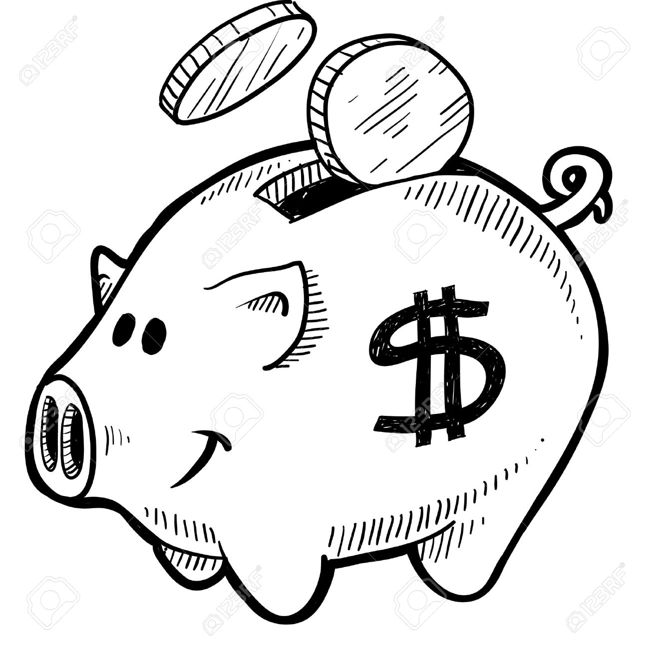1300x1300 Doodle Style Piggy Bank With Dollar Sign And Coins In Vector