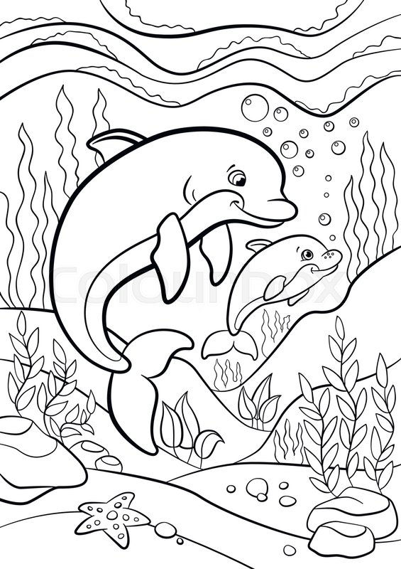 565x800 Coloring Pages. Marine Wild Animals. Mother Dolphin Swims With Her
