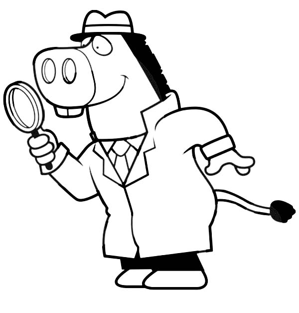 600x627 Cartoon Of A Donkey Detective Using A Magnifying Glass Coloring