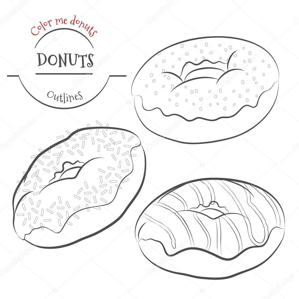 1024x1024 Donuts Outline Set. Collection Of Contour Donuts With Different