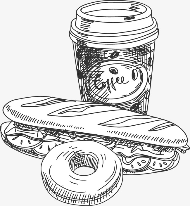 650x705 Hand Painted Coffee Hot Dog Snack Food Donut Line Art, Hand