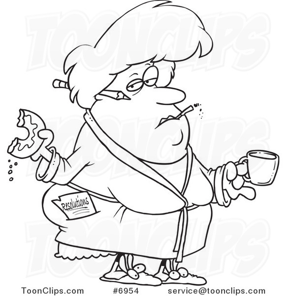 581x600 Cartoon Black And White Line Drawing Of A Fat Lady Eating A Donut