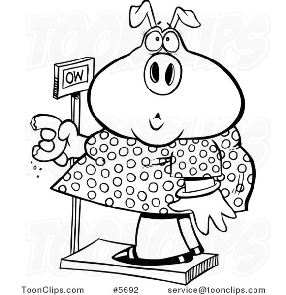 581x600 Cartoon Black And White Line Drawing Of A Heavy Pig Eating A Donut