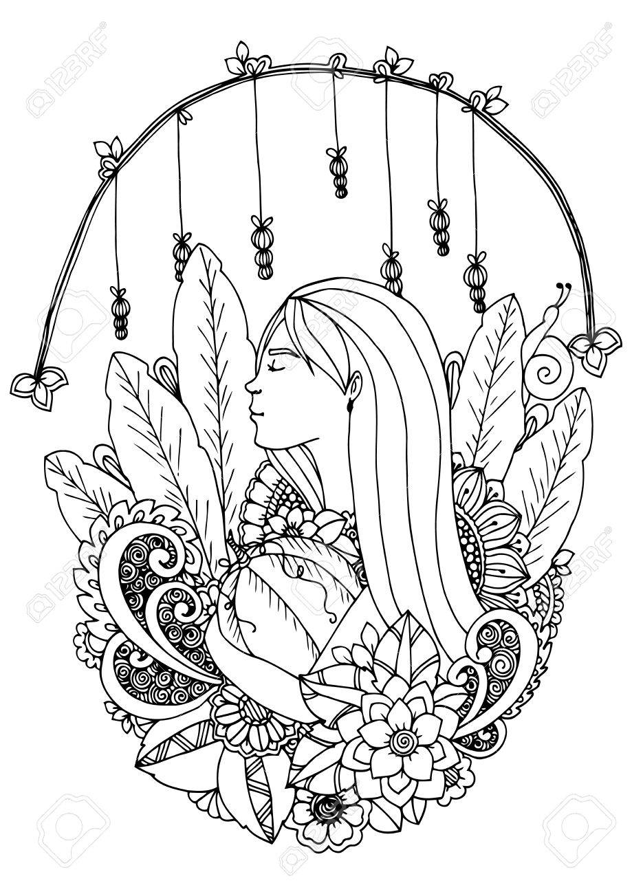 919x1300 Illustration Zentangle Girl With Pumpkin. Doodle Drawing. Coloring