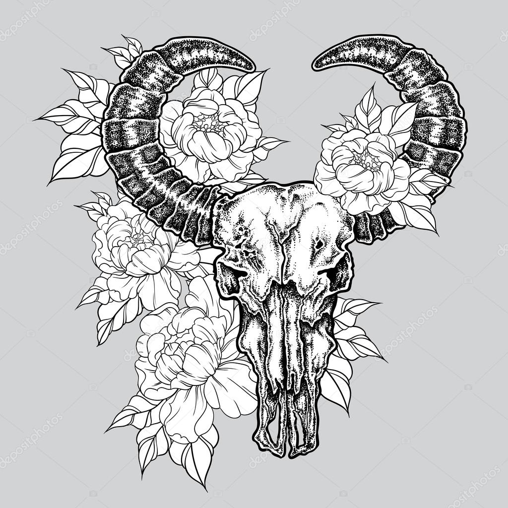 1024x1024 Hand Drawn Dot Work Tattoo Buffalo Skull With Flowers. Native