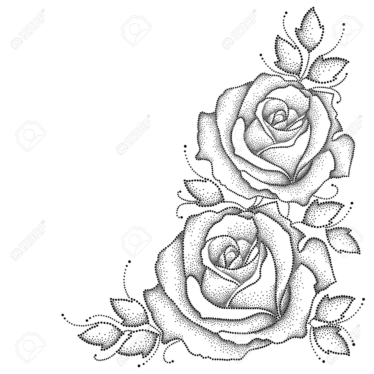 1300x1300 Illustration With Two Dotted Rose Flower And Leaves In Black