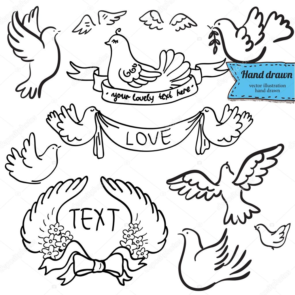 1024x1024 Dove Set With Label Hand Drawn On White Background Stock Vector