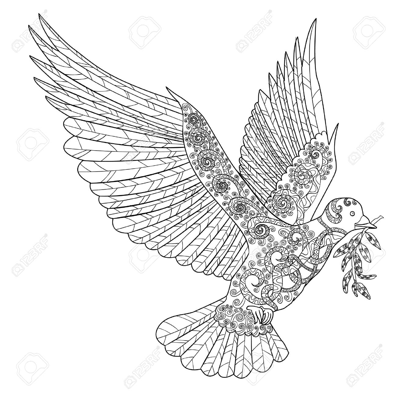 1300x1300 Flying Dove With Olive Branch. Adult Antistress Coloring Page