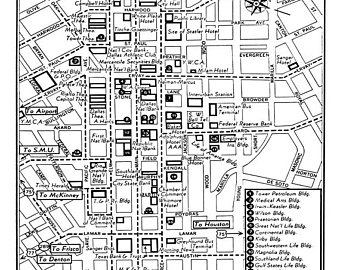 340x270 1949 Vintage Map Of Downtown Dallas Blueprint Map Print