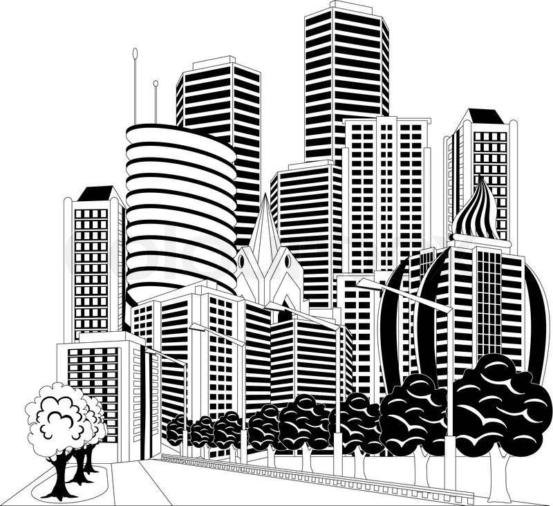 800x732 Black And White Ilustration Of A Street In Downtown With Office