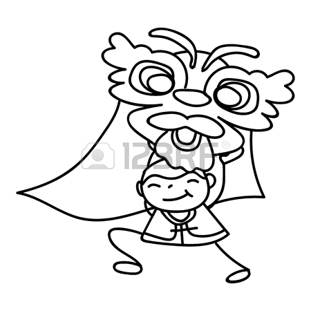 450x450 Hand Drawing Cartoon Character Kid Dancing With Dragon Mask