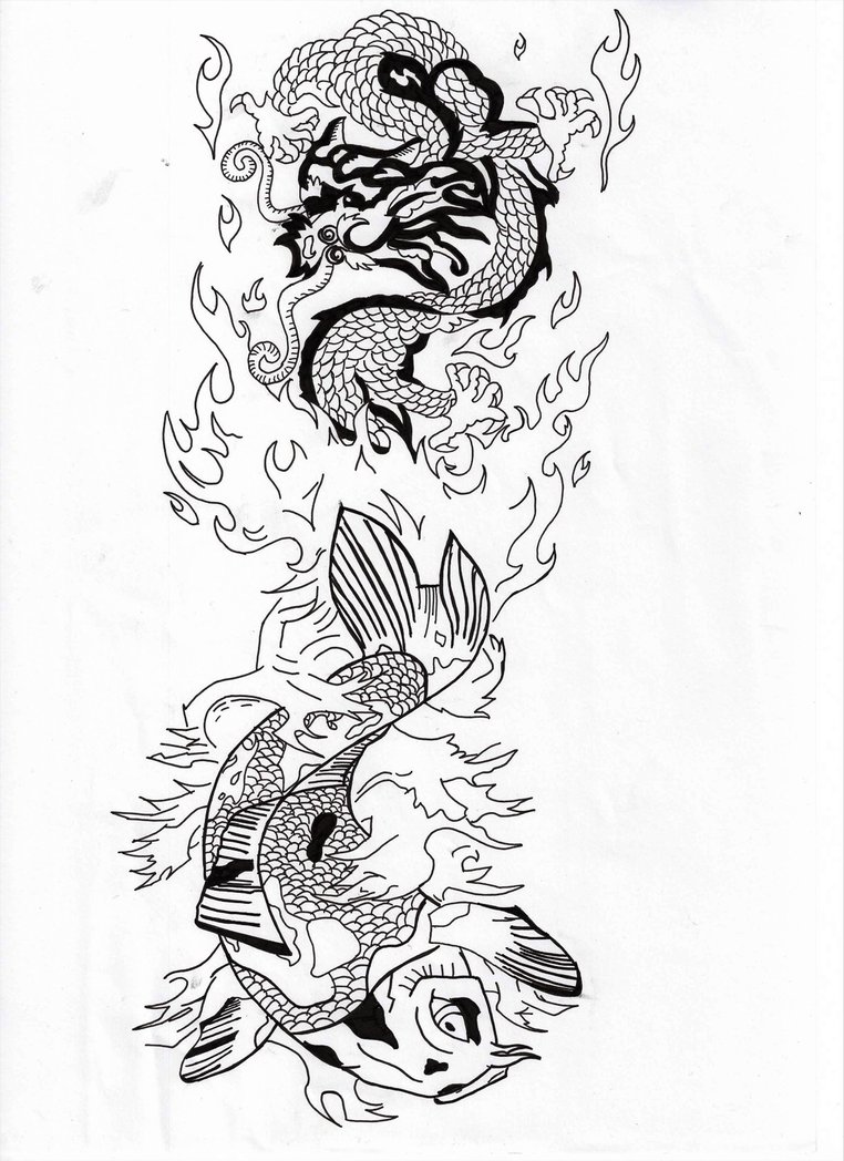 762x1048 Fish And Dragon, Water And Fire Tattoo Design By Koast08