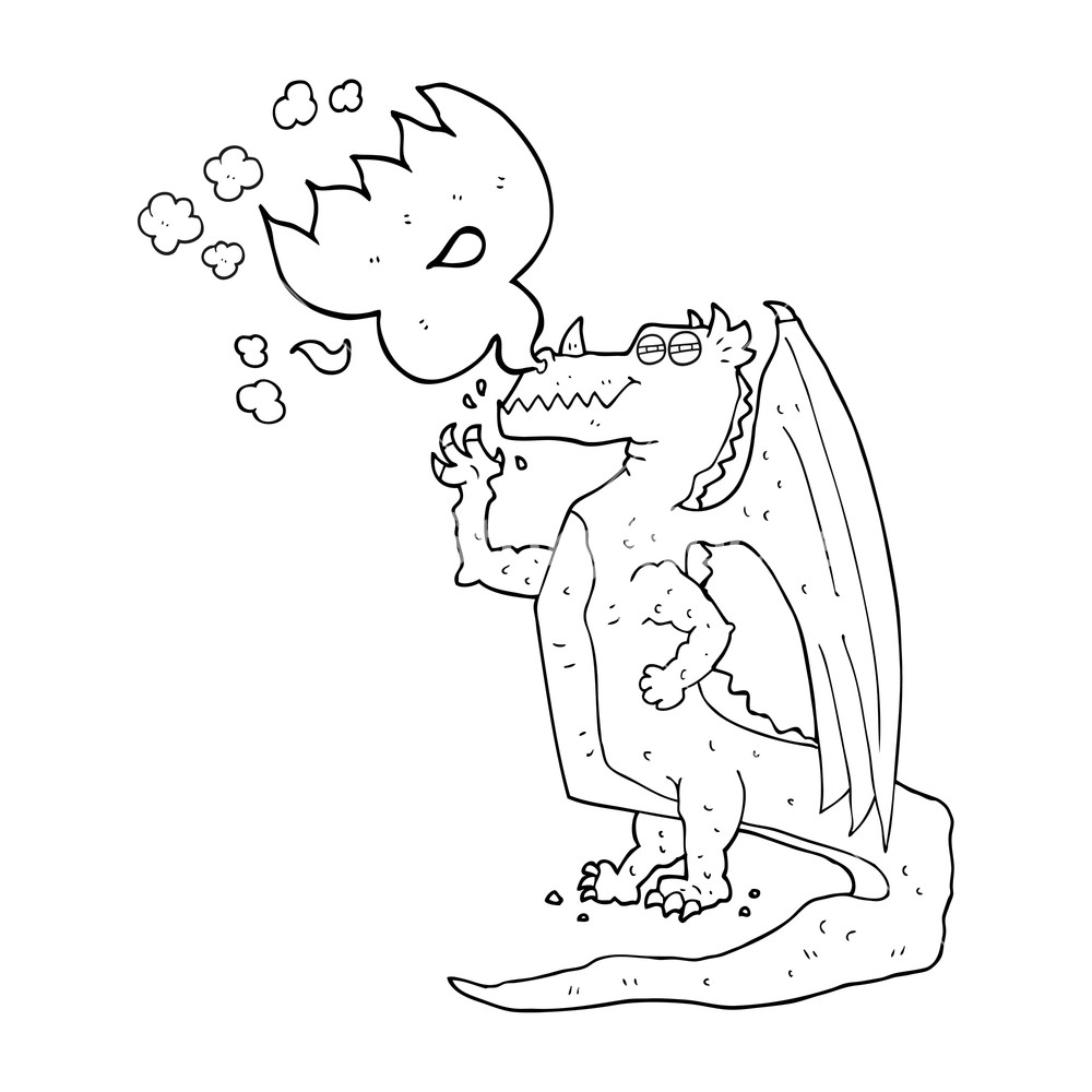 1000x1000 Freehand Drawn Black And White Cartoon Happy Dragon Breathing Fire