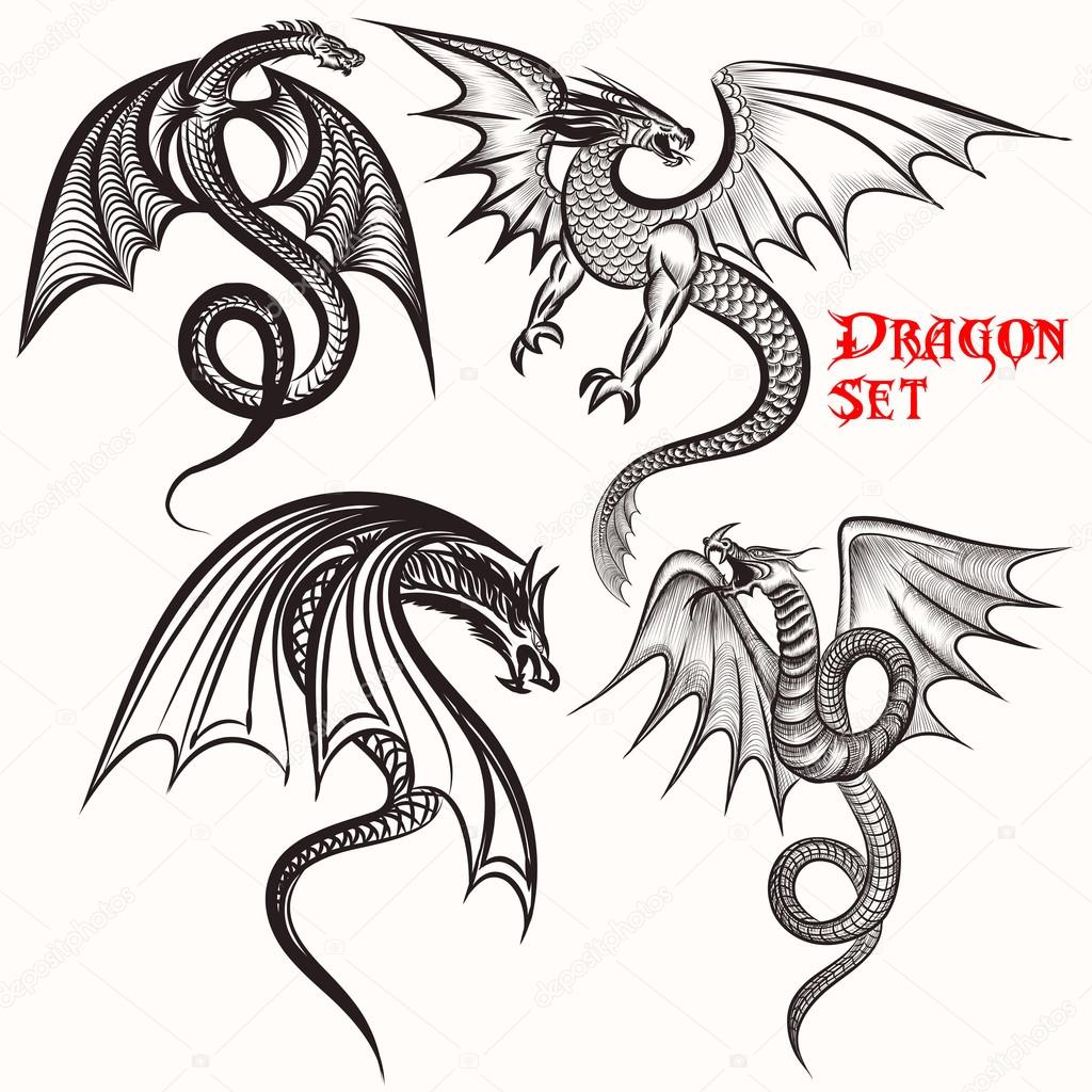 1024x1024 Tattoo Collection From Hand Drawn Dragons For Design Stock