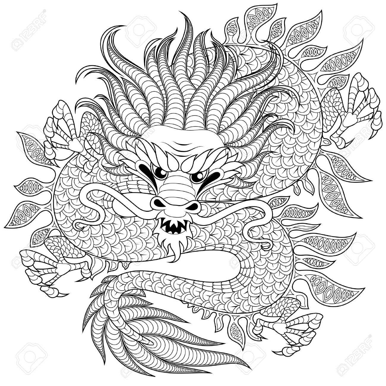 1300x1300 Chinese Dragon In Zentangle Style For Tatoo. Adult Antistress