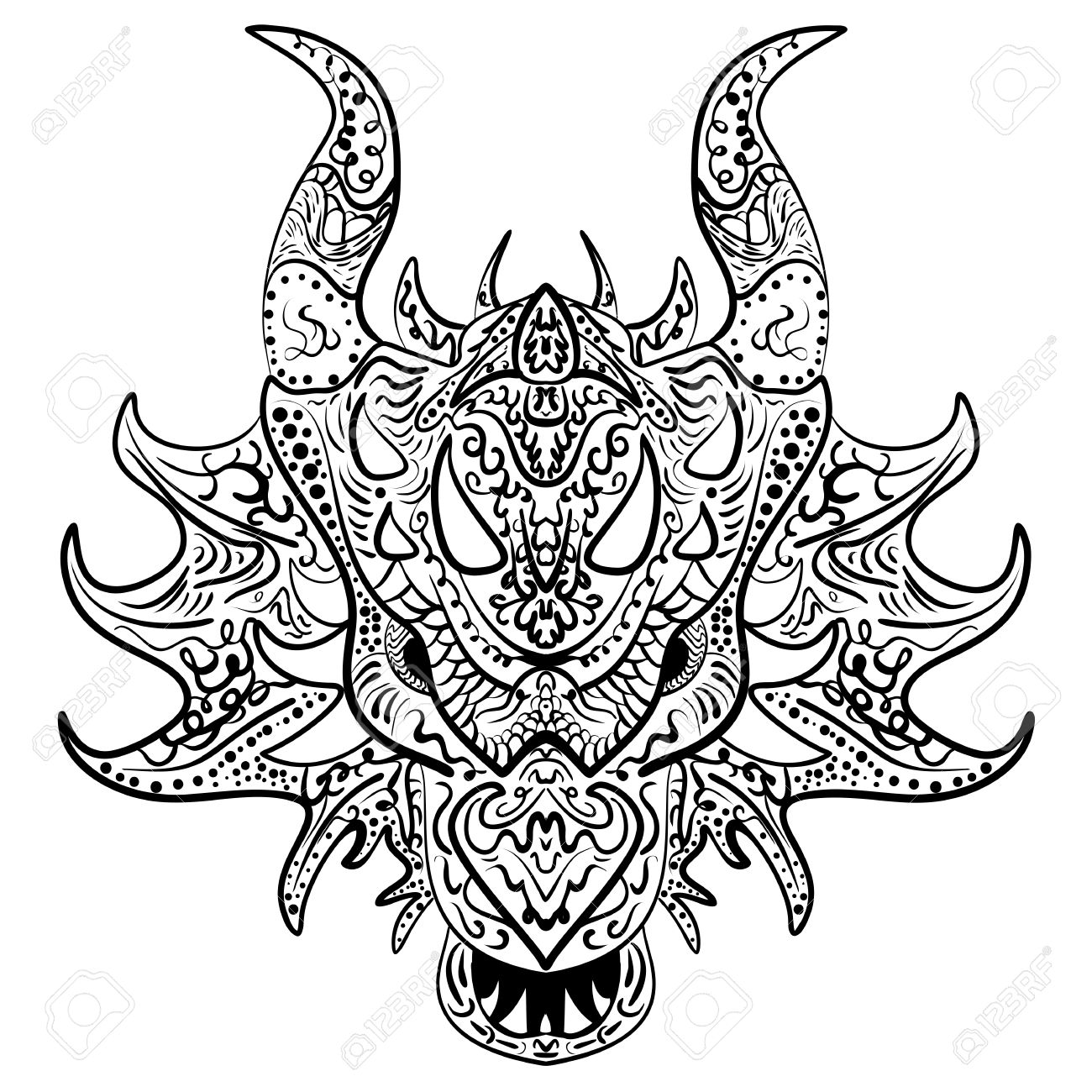 1300x1300 Dragon Doodle Vector Head. Zen Art Ethnic Drawing, Ornamental