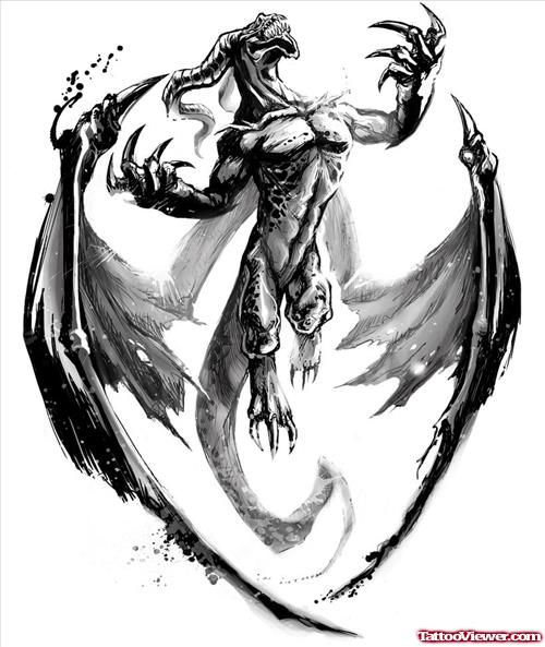 500x593 Awesome Grey Ink Flying Dragon Tattoo Design Tattoo