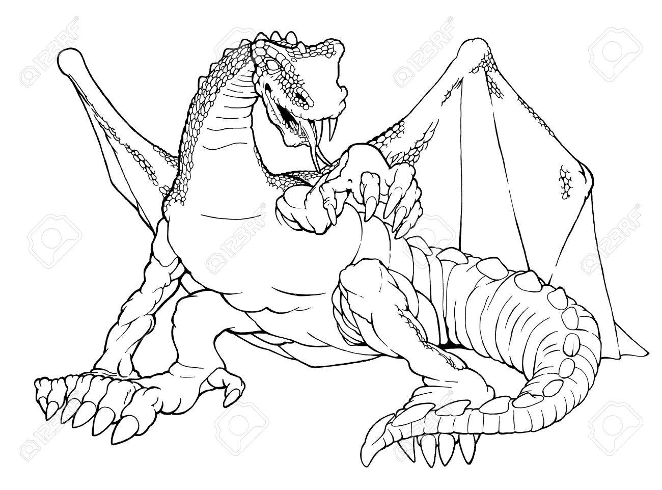 1300x962 Cartoon Outline Illustration Of A Winged Dragon Stock Photo