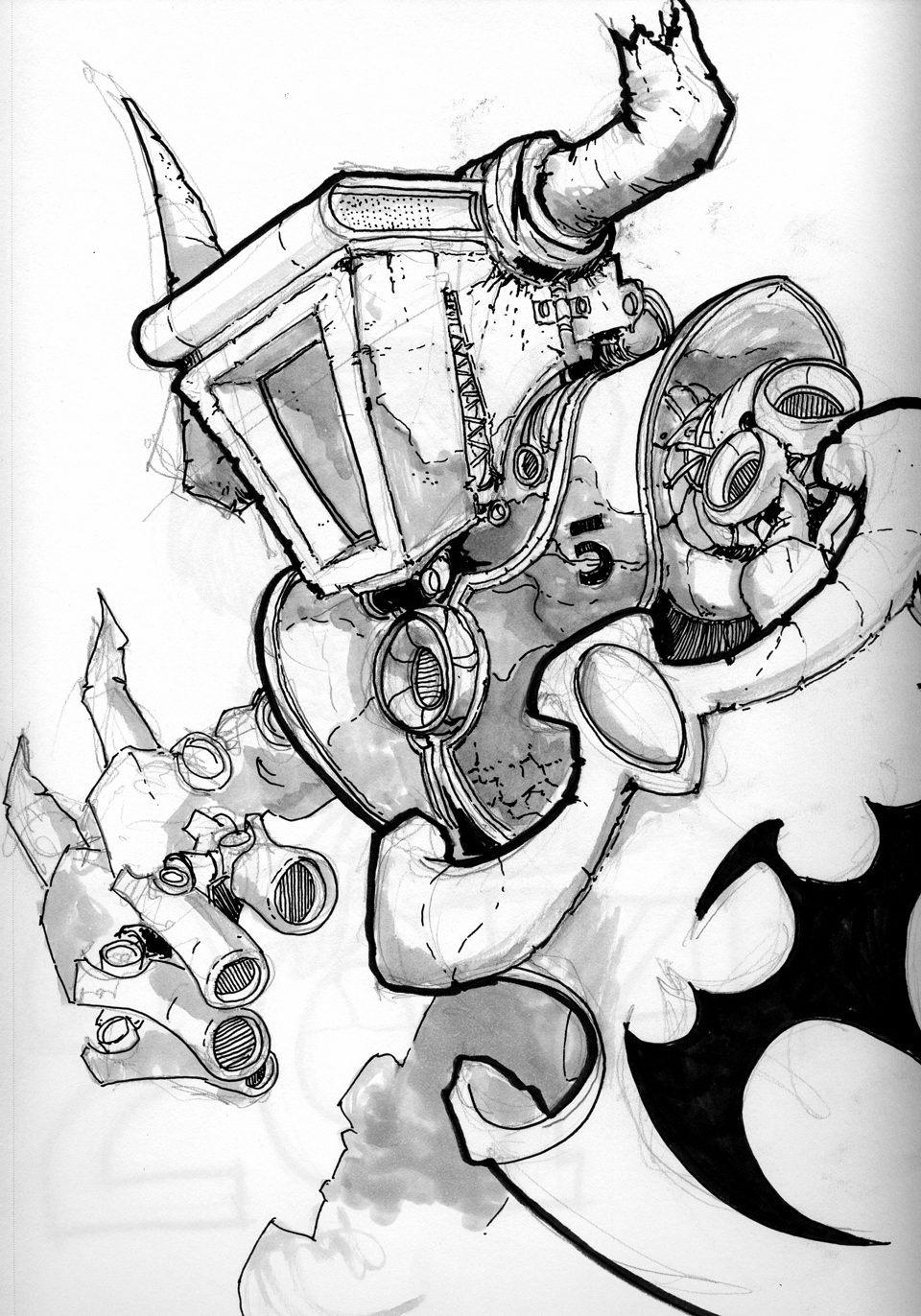 960x1372 Robot Dragon Slayer Sketch Bw By Pencilbags