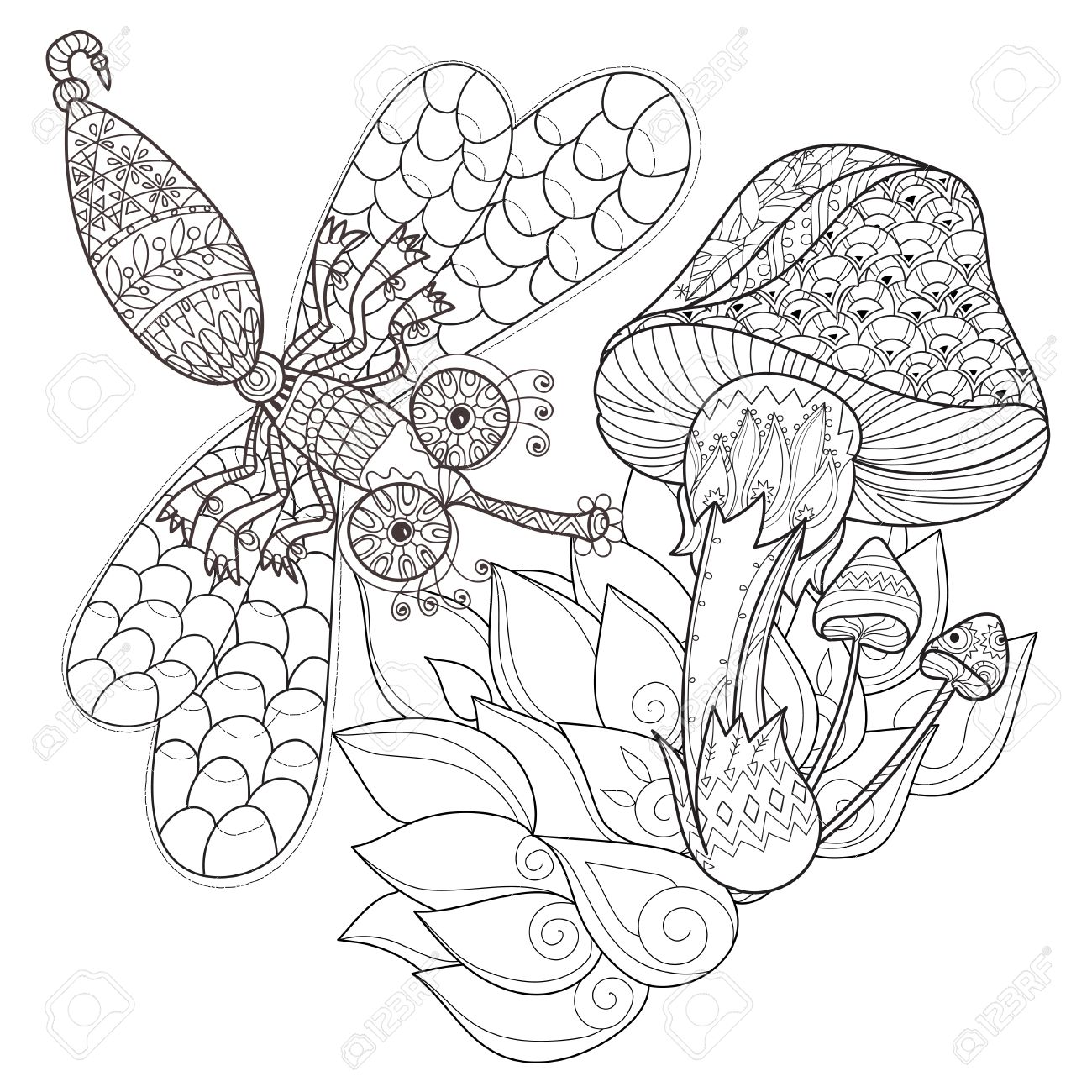 1300x1300 Hand Drawn Doodle Outline Magic Mushrooms And Dragonfly Decorated