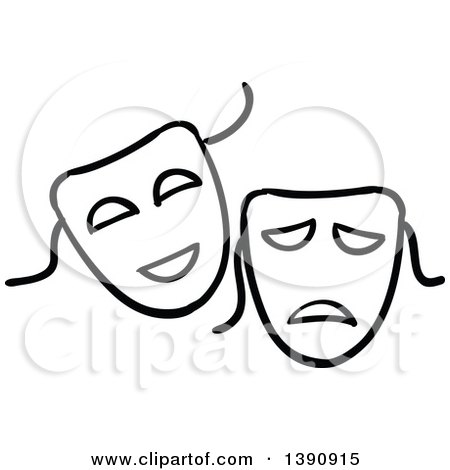 450x470 Clipart Of Sketched Black And White Theater Masks