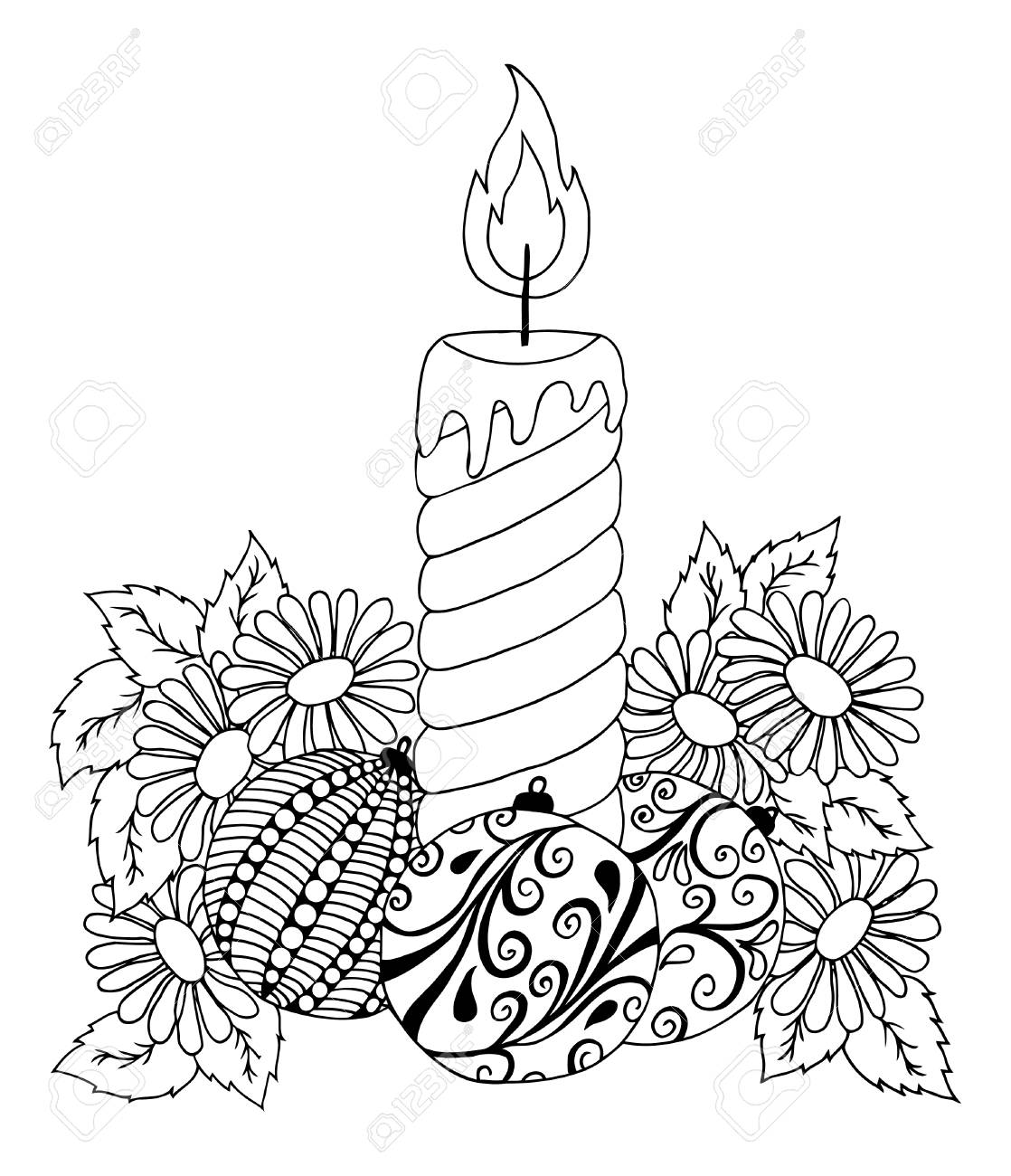 1118x1300 Illustration New Year Candle In Flowers. Doodle Drawing