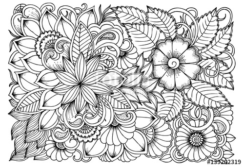 500x344 Black And White Flower Pattern For Coloring. Doodle Floral Drawing