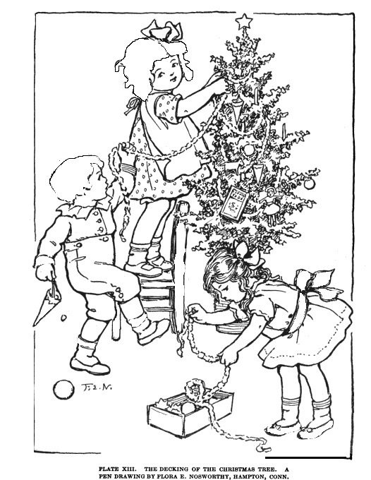 526x680 Vintage Colouring Page Children Decorating The Christmas Tree