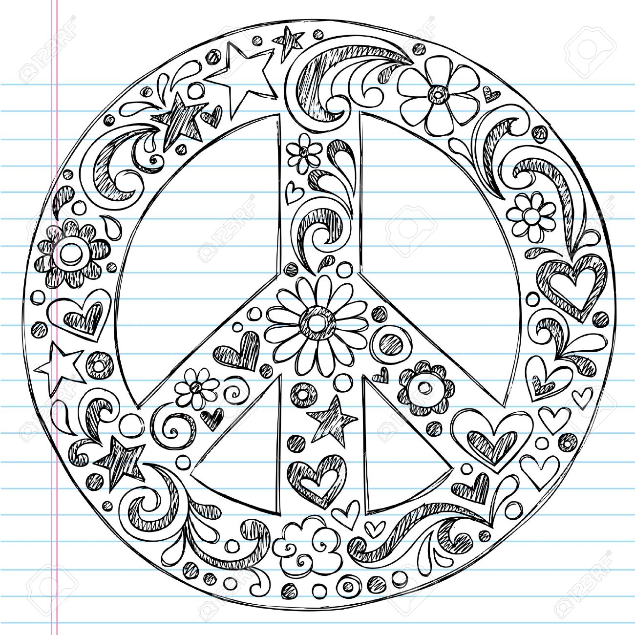 1300x1300 Hand Drawn Sketchy Peace Sign Doodle With Flowers, Hearts,
