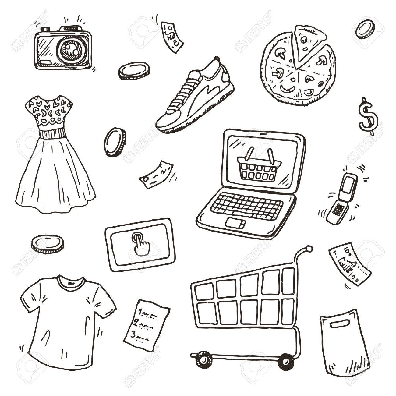 1300x1300 Hand Drawn Sketch Set, E Commerce Online Shopping Doodle Icons