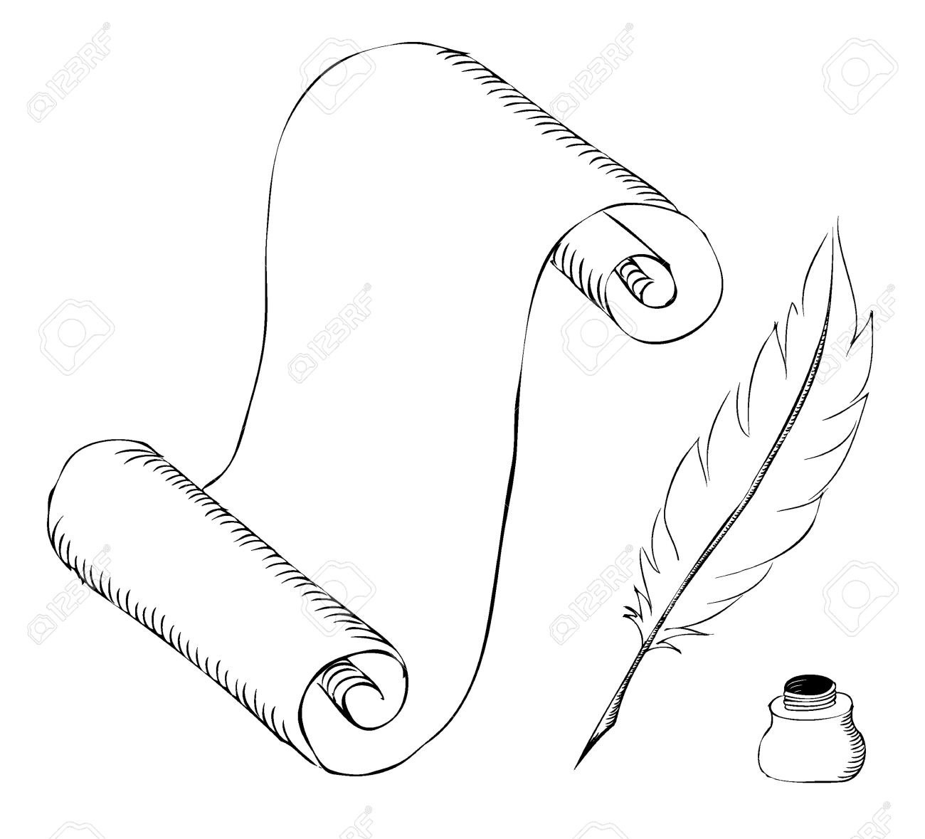 1300x1179 Paper With Feather Pen And Ink Pot Sketch Royalty Free Cliparts