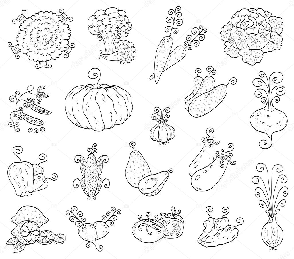 1024x905 Doodle Fruits, Vegetables Stock Vector Bastetamon