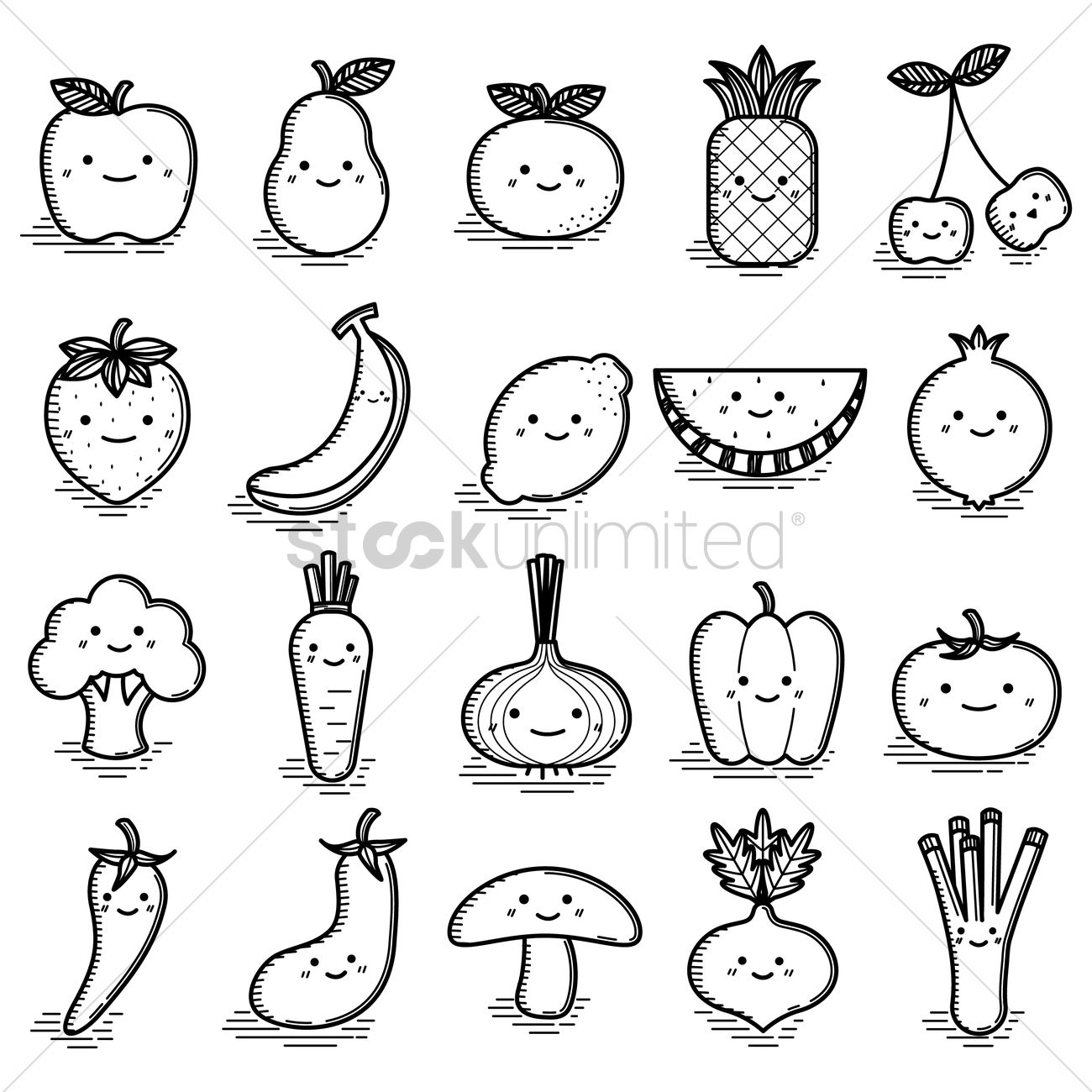 1300x1300 Set Of Smiling Characters Of Fruits And Vegetables Vector Image