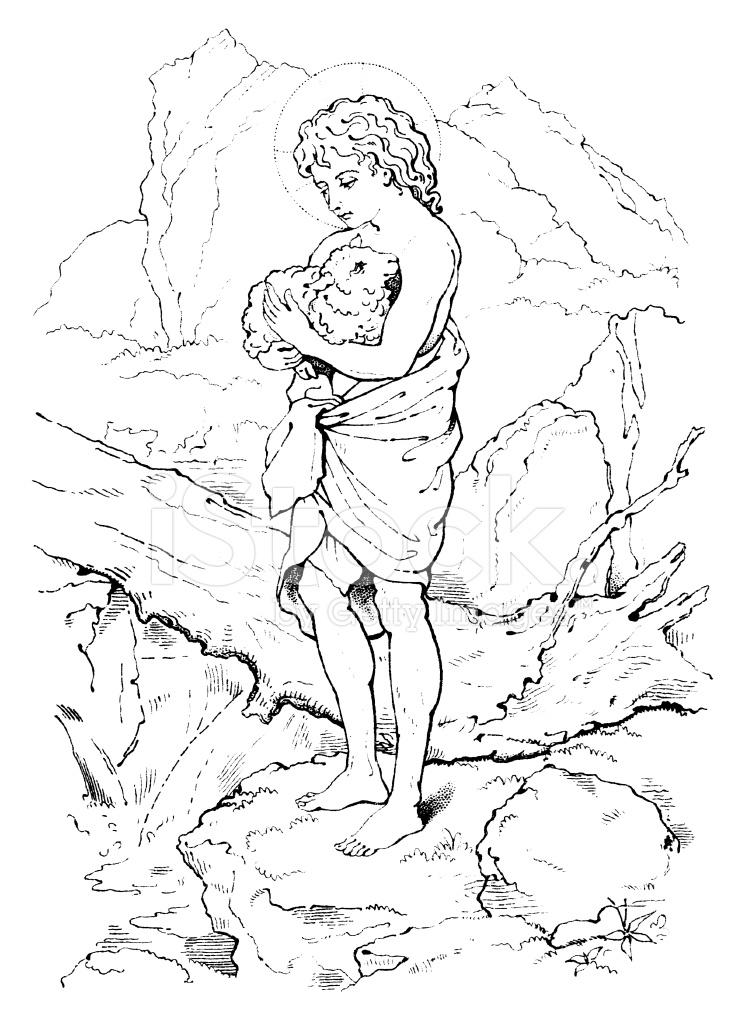 745x1024 Young Jesus Carrying A Lamb Victorian Drawing Stock Vector