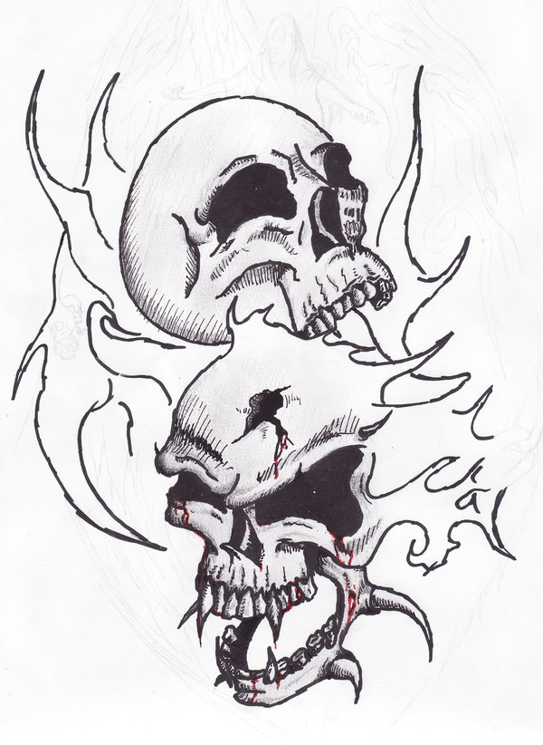 600x822 Fire Skulls Sketch Tatoo By Satroa