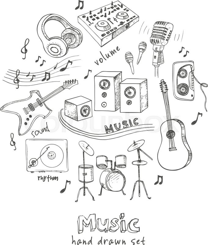 681x800 Abstract Music Background With Musical Instruments. Hand Drawing