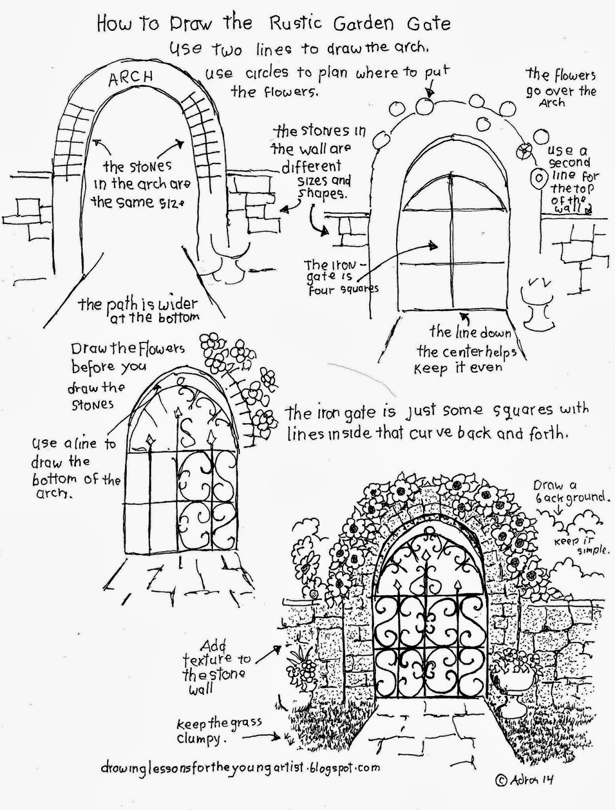1214x1600 How To Draw The Rustic Garden Gate With A Stone Arch (How To Draw