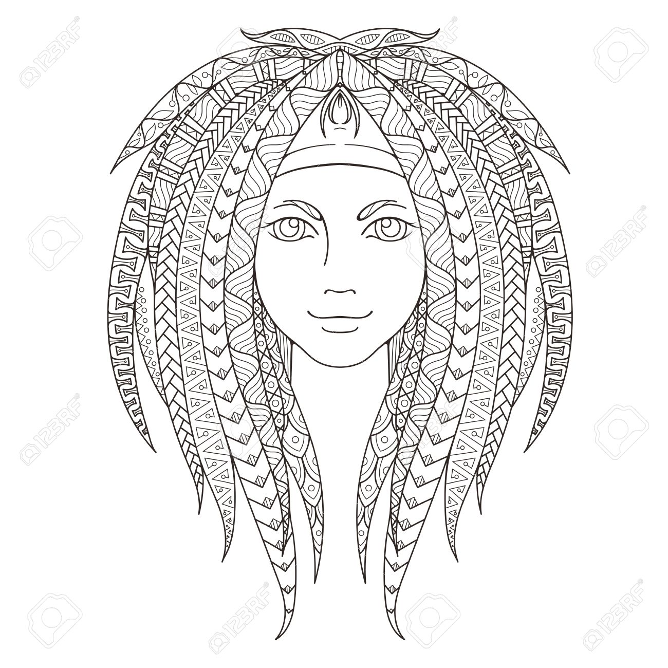 1300x1300 Young Girl With Patterned Dreadlocks. Page For Coloring. Ornate