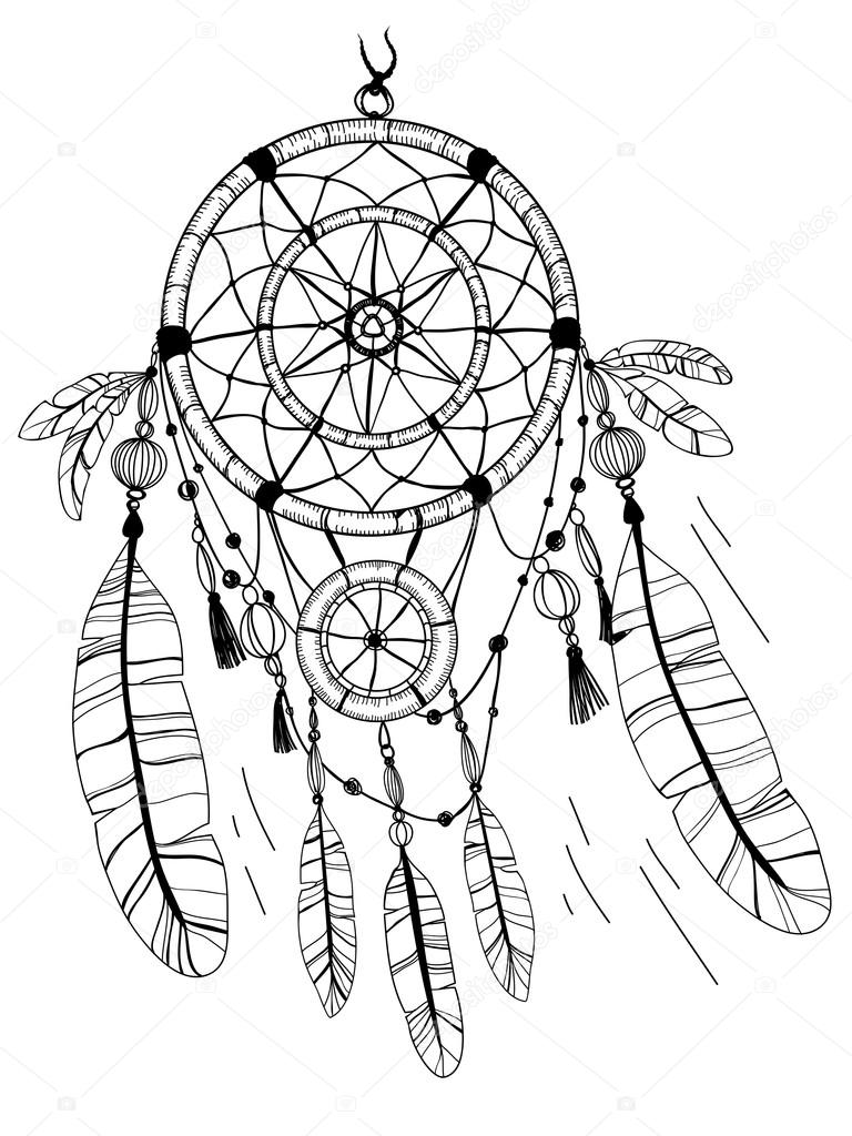 768x1024 Dreamcatcher, Feathers And Beads. Coloring Page Stock Vector