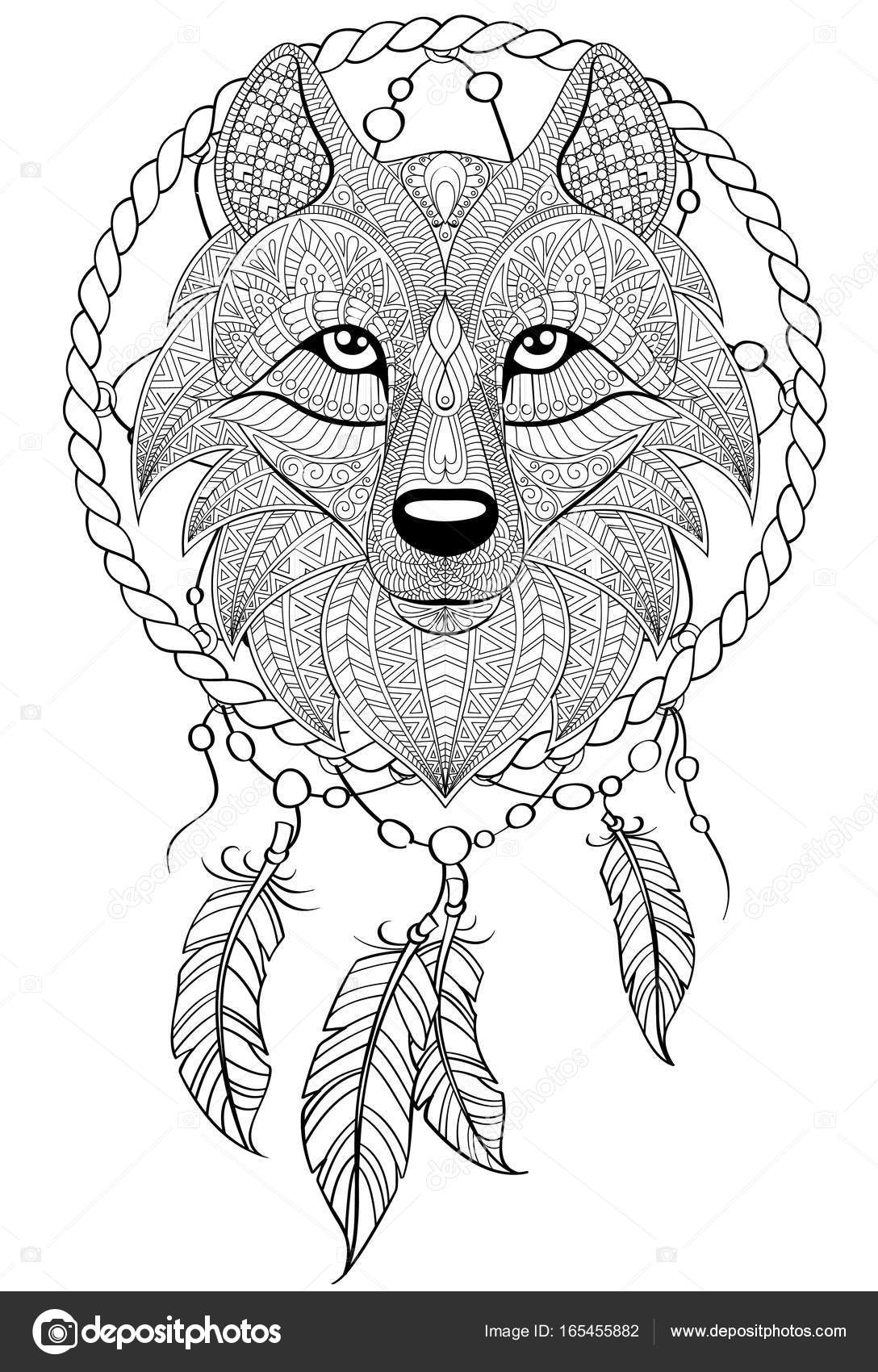 1088x1700 Dream Catcher With Wolf. Tattoo Or Adult Antistress Coloring Page