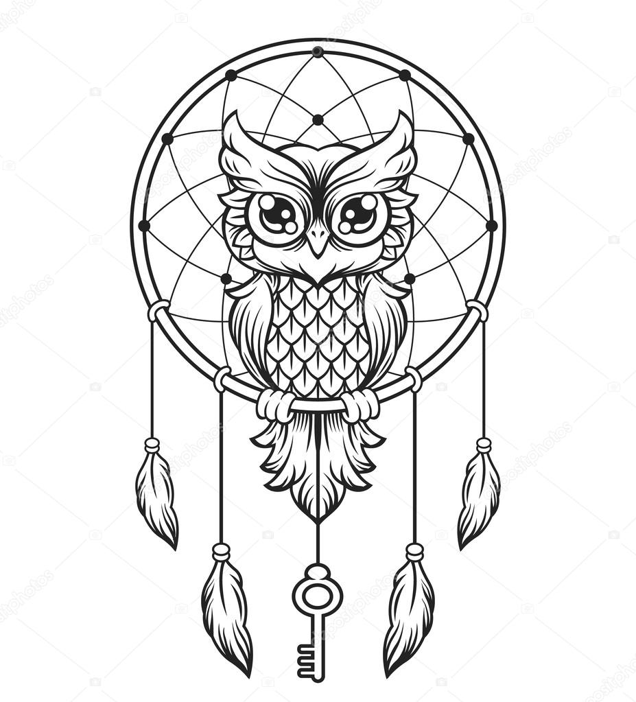 927x1023 Dream Catcher Black And White Owl. Vector Line Illustration