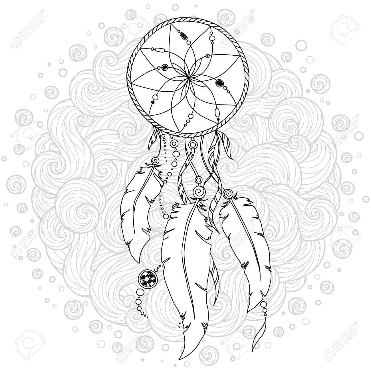 1300x1300 Monochrome Dream Catcher With Feathers. Hand Drawn Vector