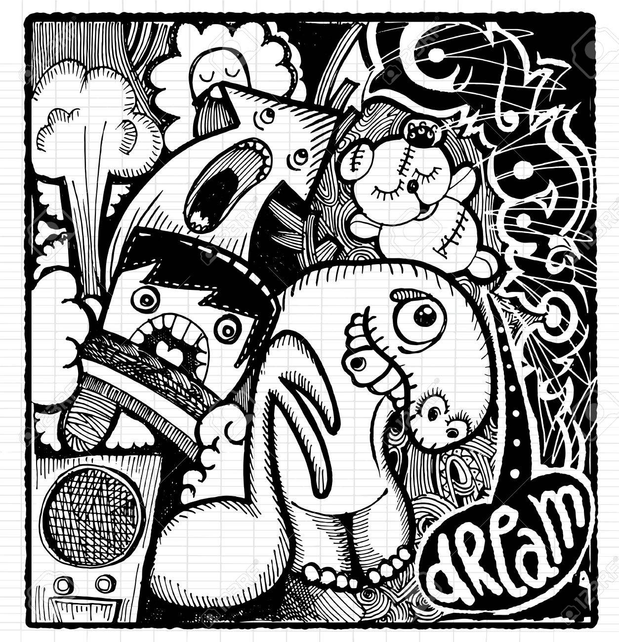 1253x1300 Abstract Doodle ,modern Sketchy Style Image Of Bad Dream. Drawing