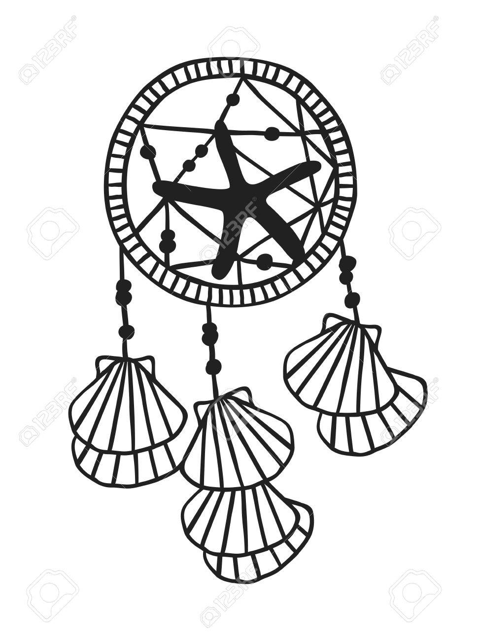 974x1300 Black Contour Dream Catche Boho Illustration. Hand Drawn Ink