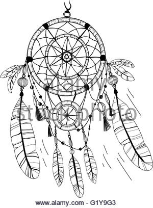 300x408 Dreamcatcher With Bird Feather Beads Lace Amp Dots. Hand Drawn Stock