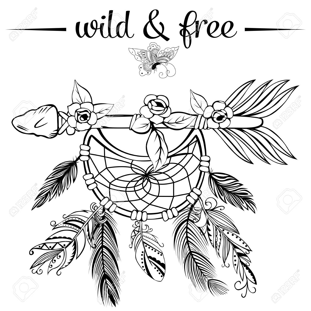 1300x1300 Vector Of Hand Drawn Wooden Arrow With Feathers, Dreamcatcher