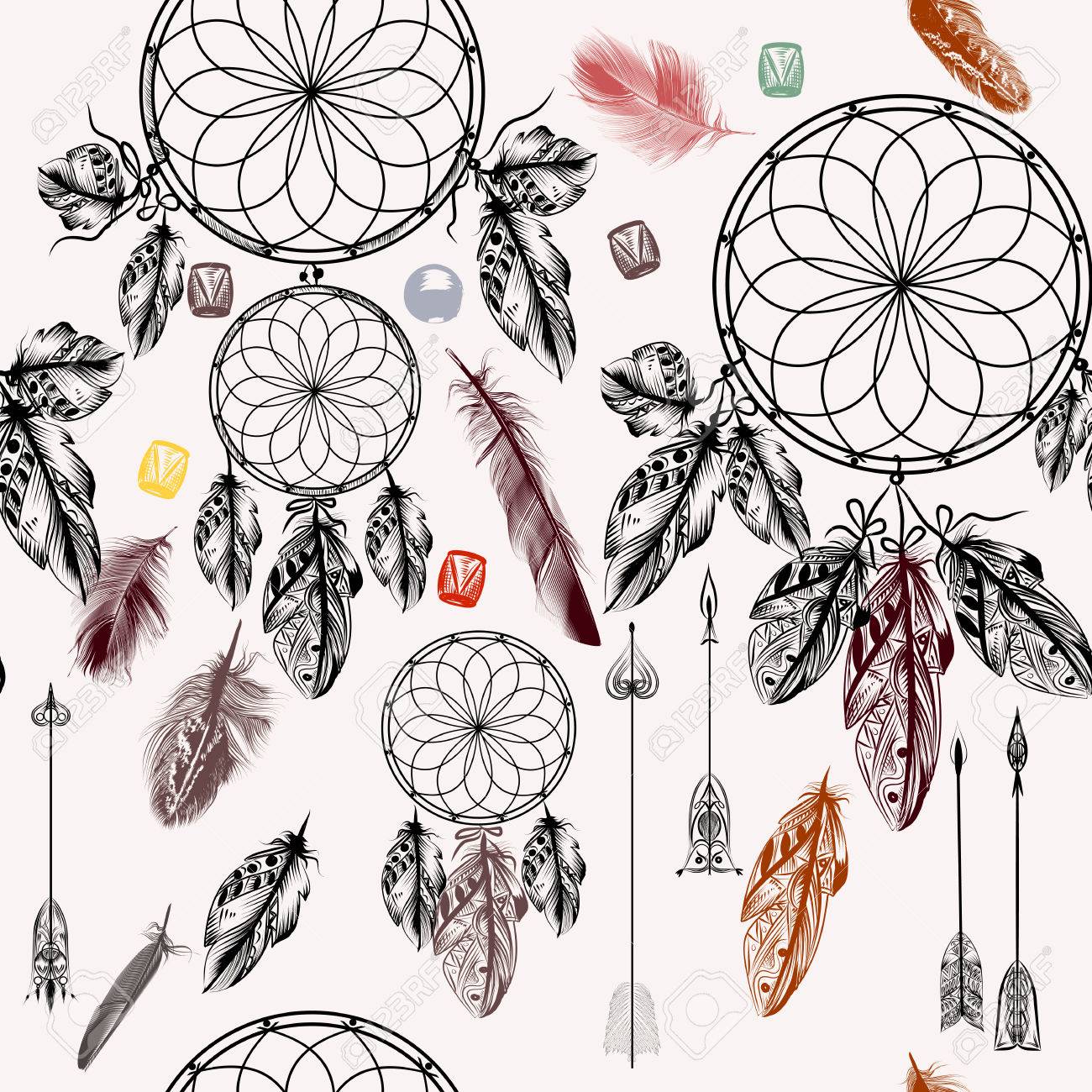 1300x1300 Seamless Vector Background With Hand Drawn Dream Catcher