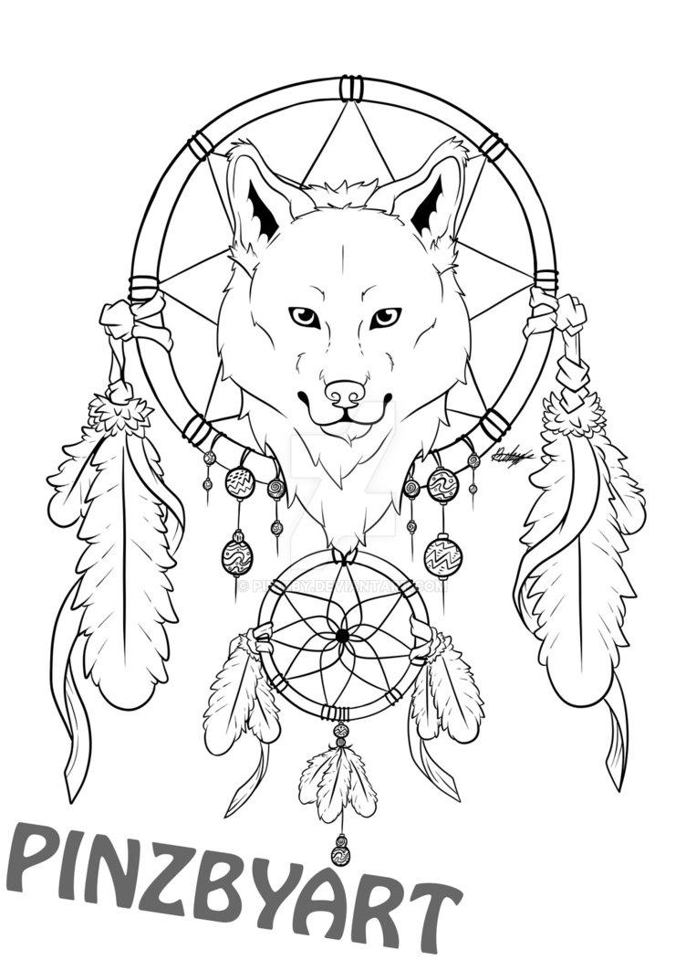 752x1063 Wolf Dreamcatcher Lineart By Pinzbyart