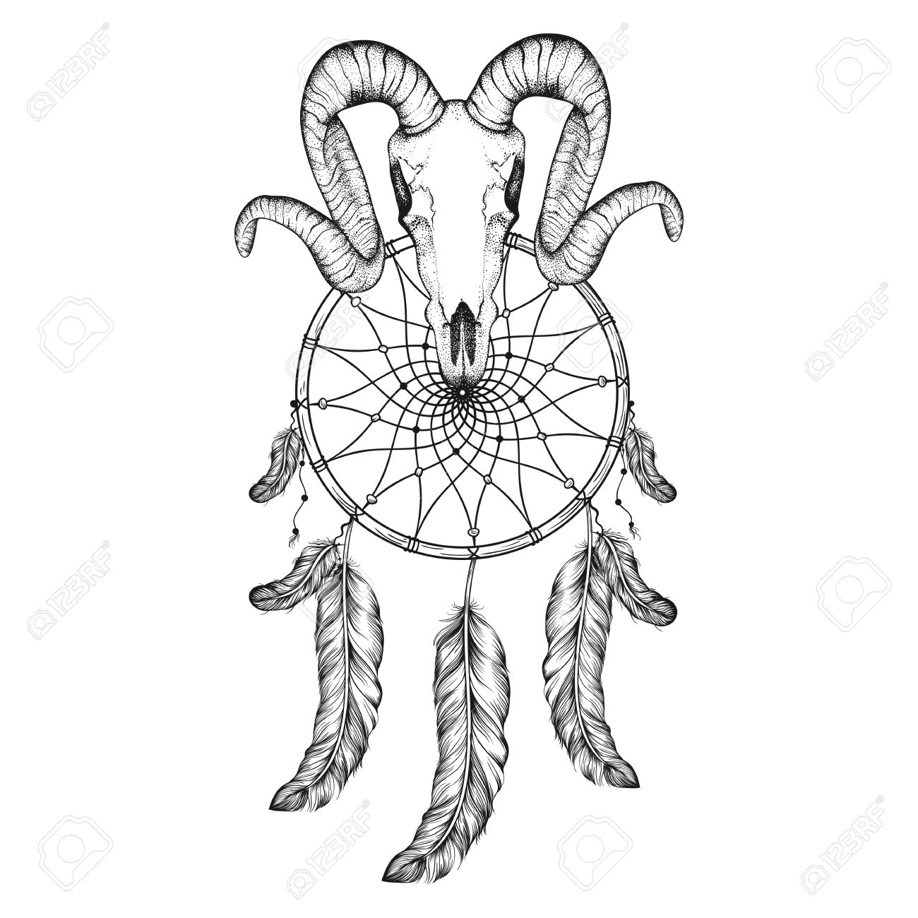 1300x1300 Hand Drawn Goat Skull Doodle Vector Illustration. Dotwork Fullface